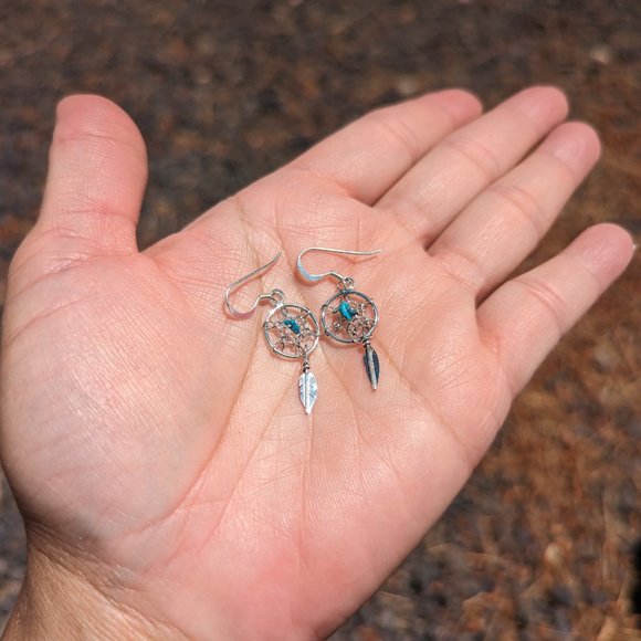 Navajo Mini Dreamcatcher Leaf Dangle Earrings Turquoise Native Am Jewelry*** - Picture 7 of 9